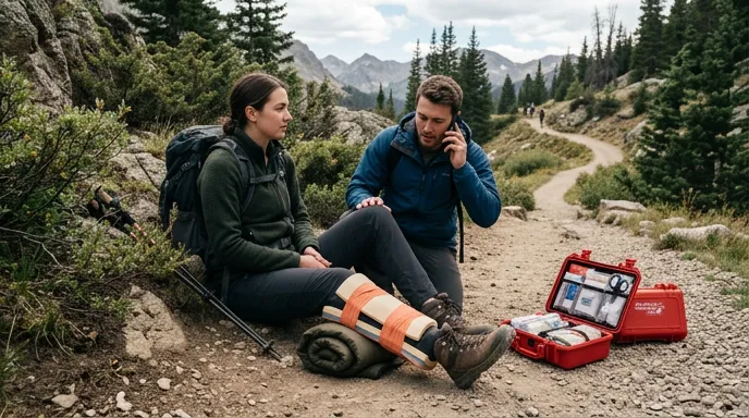 Hiker receiving snakebite first aid on a trail while a companion calls emergency services