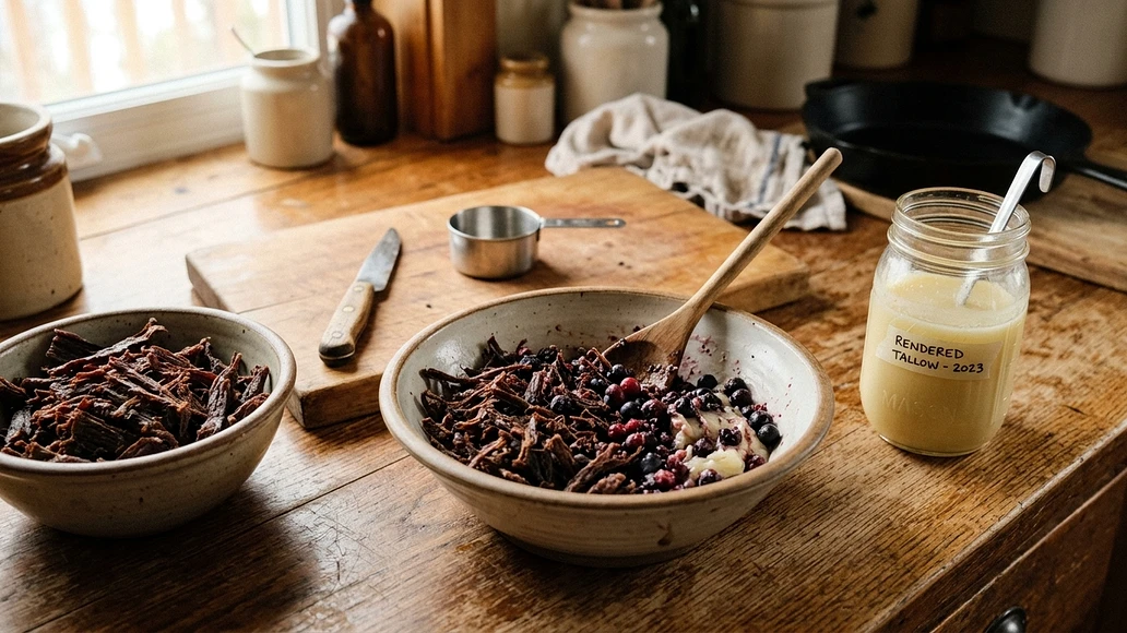 Homemade pemmican ingredients on a kitchen counter
