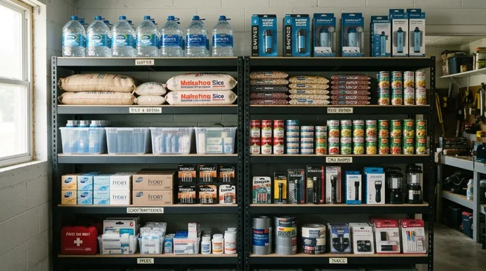 Organized household barter supplies including water, food, hygiene items, batteries, and tools