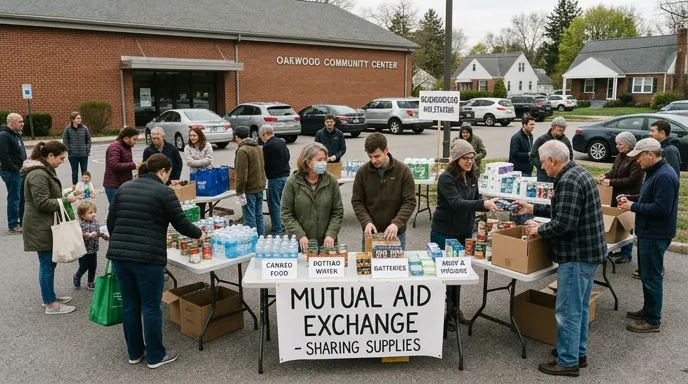 Neighbors trading practical emergency supplies in a calm community setting