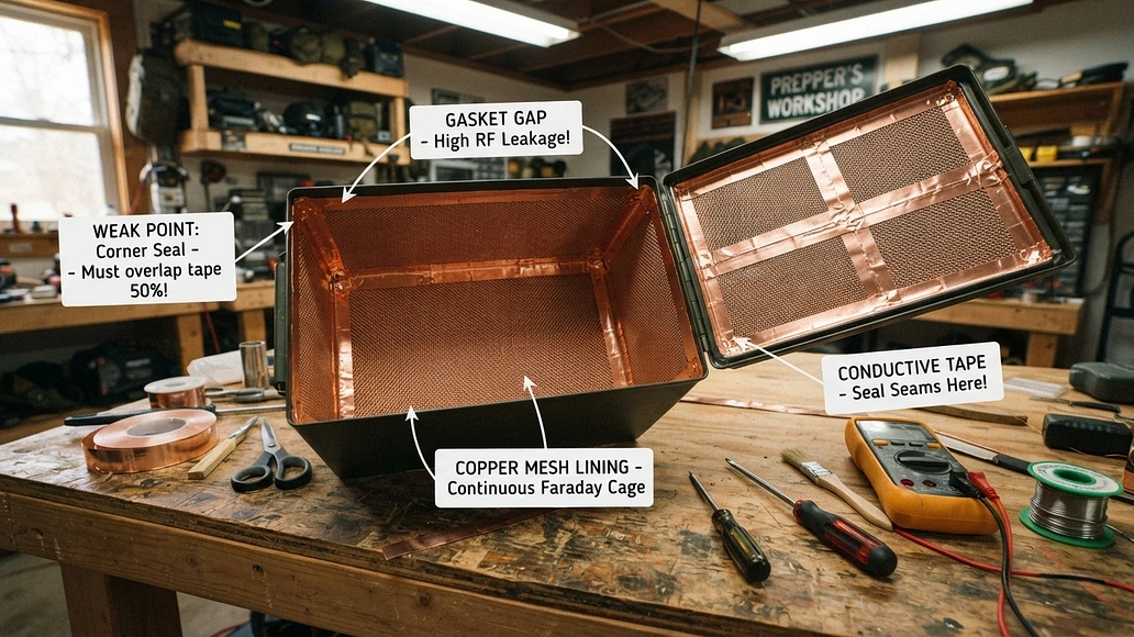 DIY Faraday box with seams and conductive tape highlighted