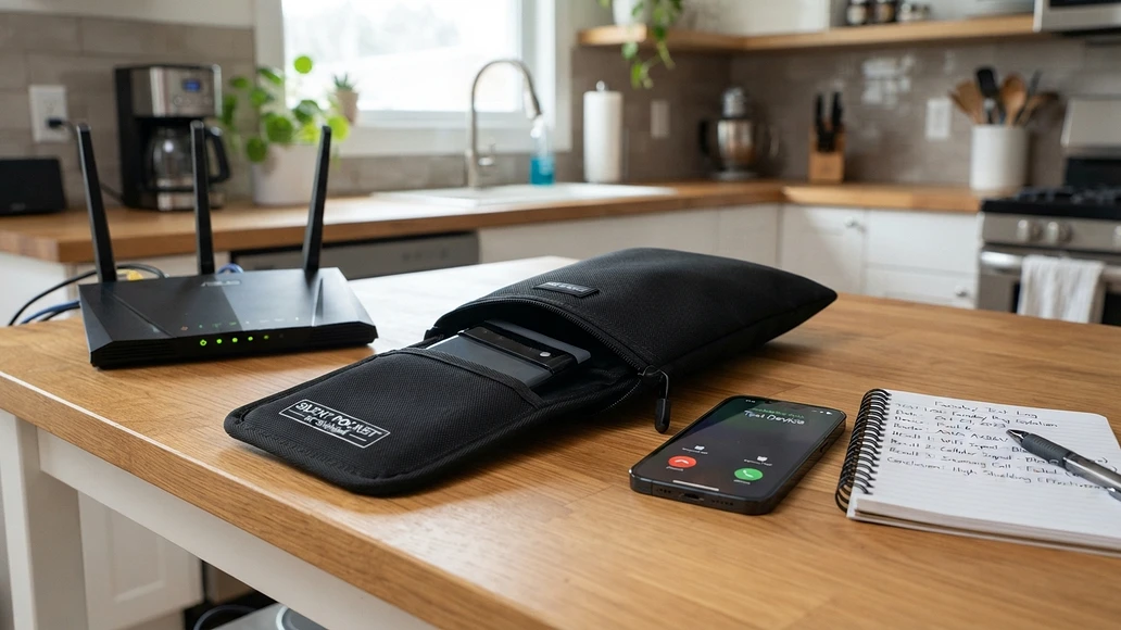 Testing a smartphone inside a Faraday pouch at home