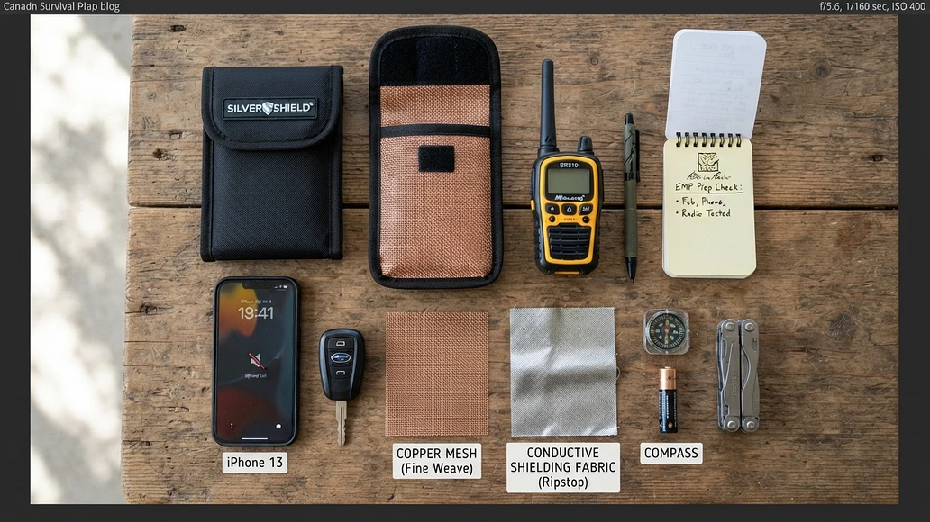 Preparedness gear including a Faraday pouch, phone, key fob, and shielding materials