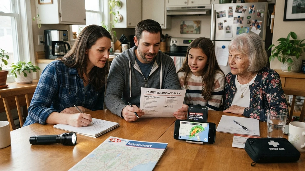 Family reviewing an emergency plan at the kitchen table