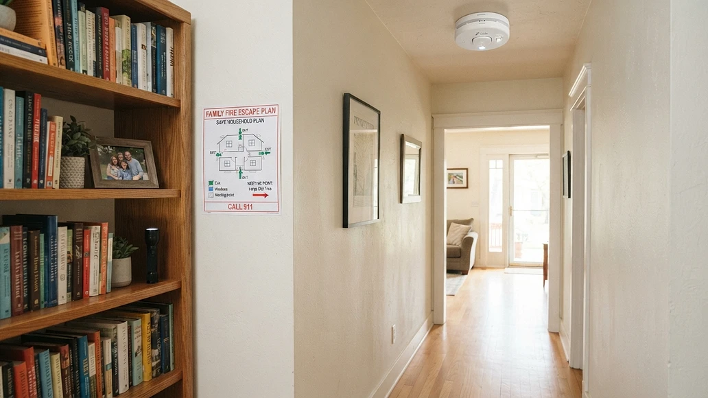 Home safety setup with alarms, clear exits, and secured furniture