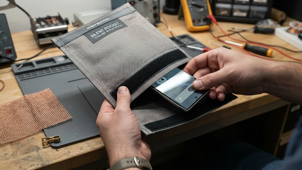 Smartphone being placed into a Faraday bag with a secure conductive closure