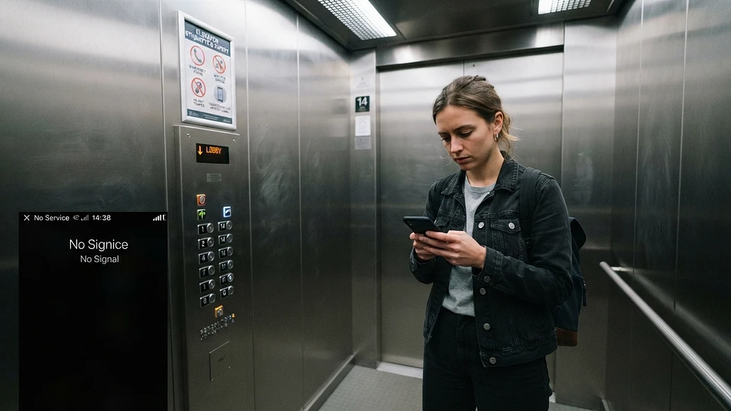 Person inside a metal elevator looking at a phone with weak or no signal