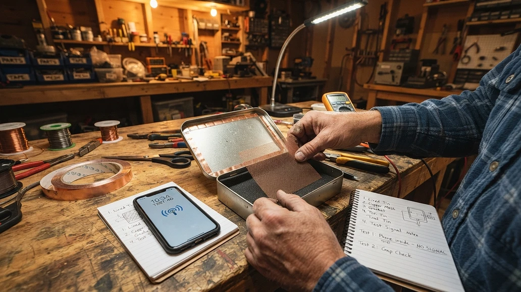 DIY Faraday cage materials on a workbench including mesh, metal box, and gasket tape