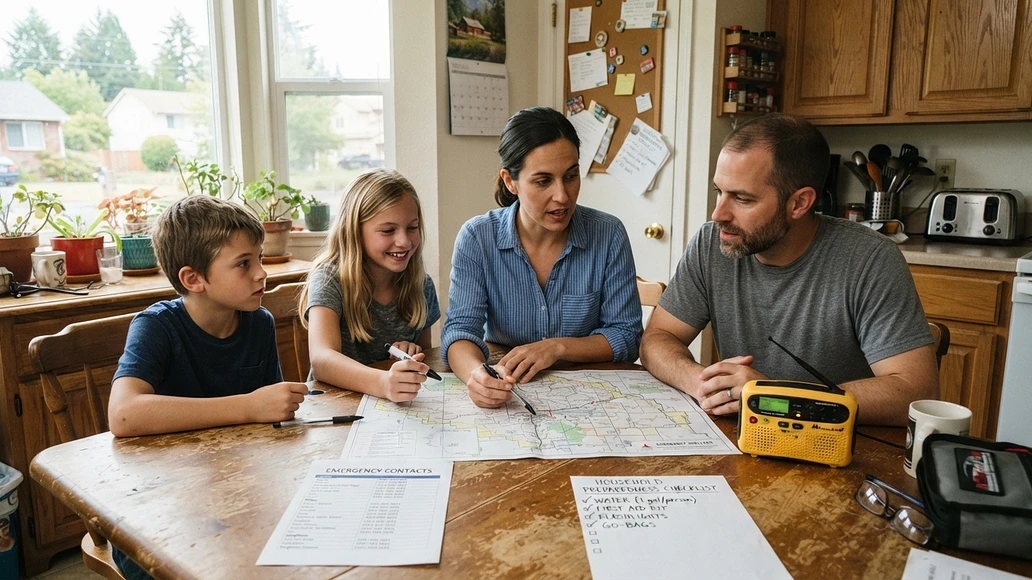 Family reviewing a local emergency plan at a kitchen table
