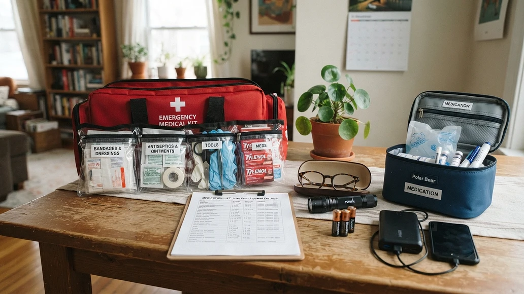 Emergency medical supplies and medication planning items laid out on a table