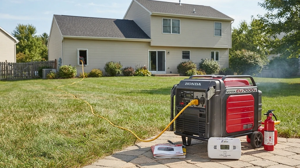 Portable generator operating outdoors at a safe distance from a home