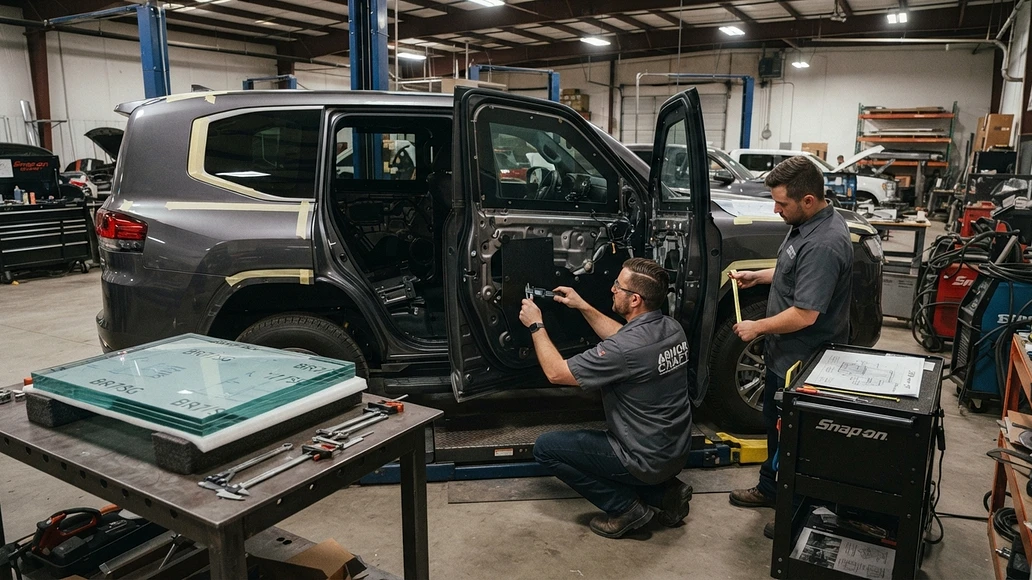 SUV being professionally armored in a workshop
