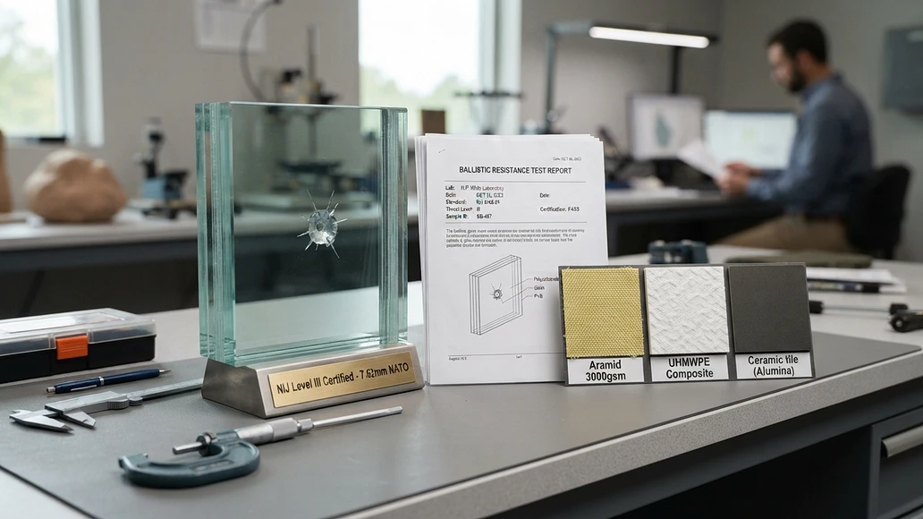 Ballistic glass and armor materials with certification documents
