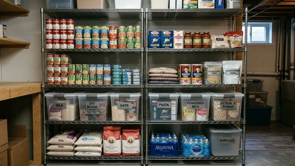 Organized emergency pantry with canned goods and dry staples