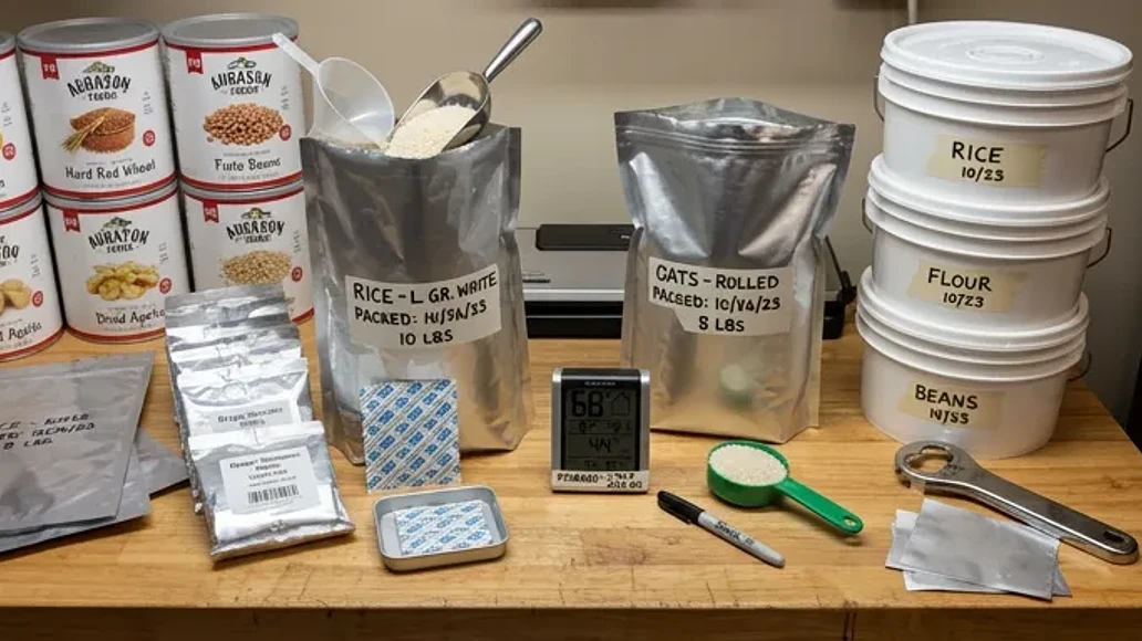 Food storage supplies including Mylar bags and labeled containers