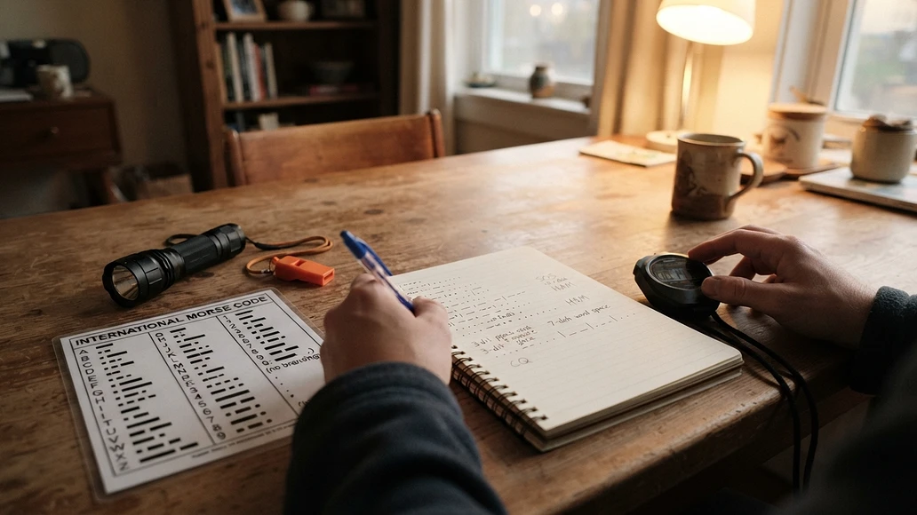 Morse code timing practice with a flashlight, whistle, chart, and notebook