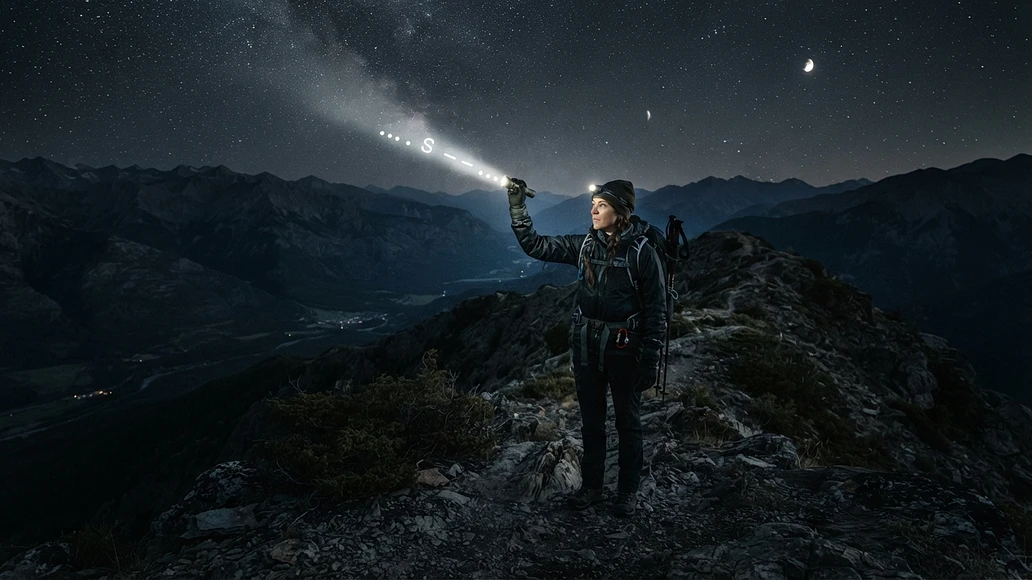 Person using a flashlight at night to send SOS in Morse code outdoors