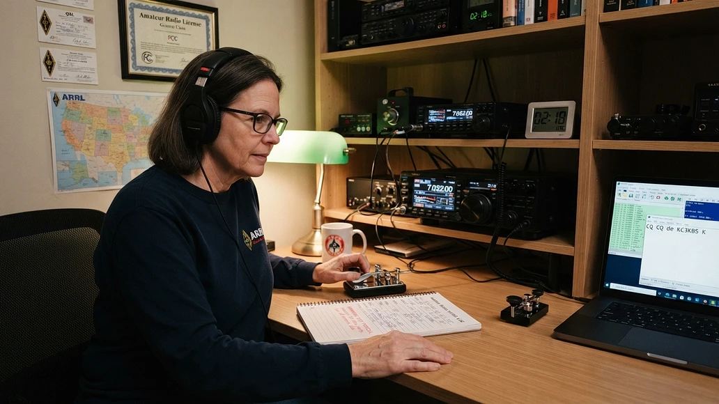 Amateur radio operator practicing Morse code at a home station