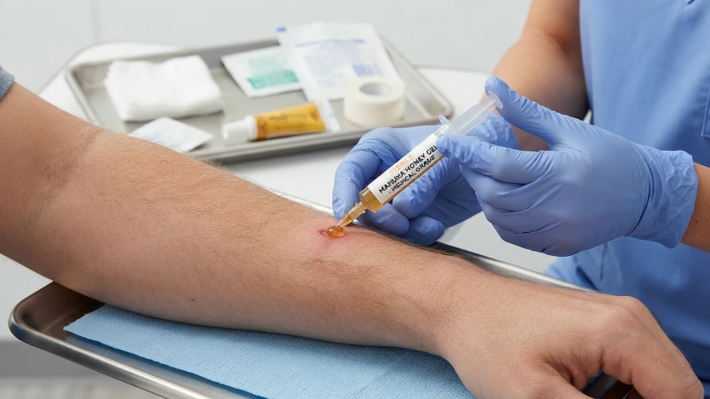 Medical-grade Manuka honey being applied to a small superficial wound with sterile technique