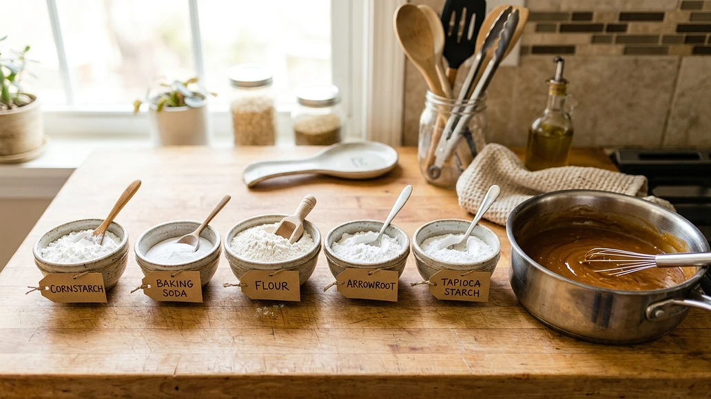 Common pantry thickeners and leaveners arranged beside a saucepan