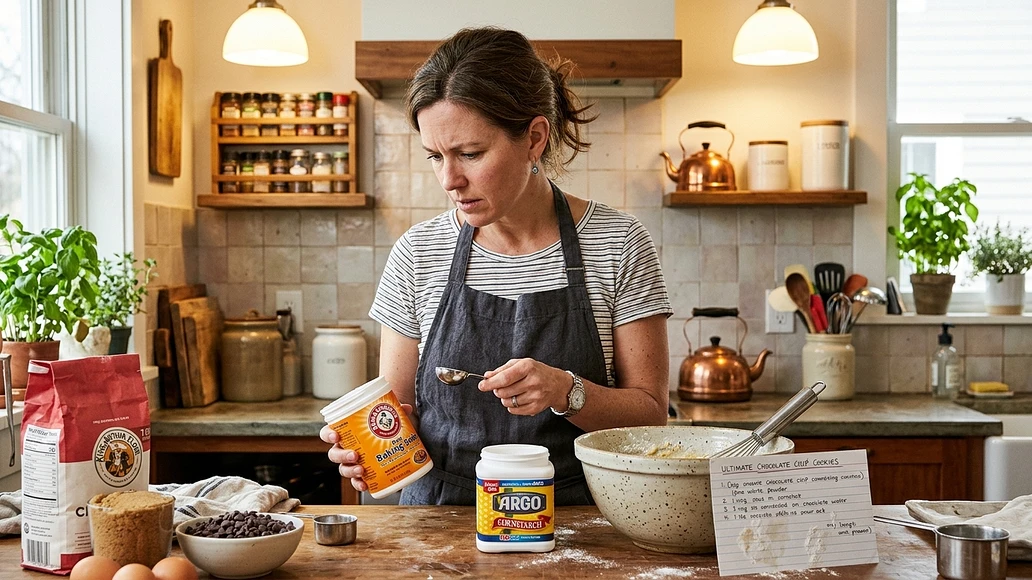 Cook comparing baking soda and cornstarch after a recipe mistake