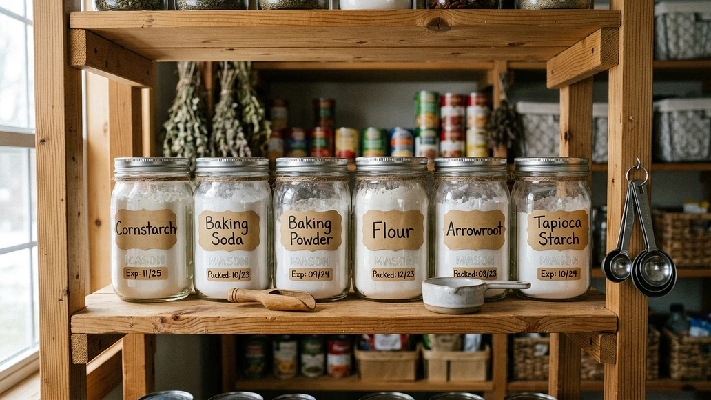 Prepared pantry shelf with labeled thickening and leavening ingredients