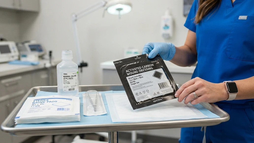 Medical-grade activated carbon dressing with sterile wound care supplies