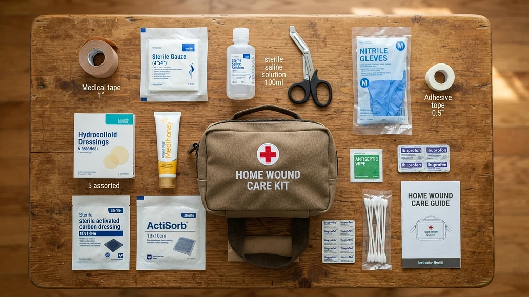 Prepared home wound care kit with standard supplies and an optional carbon dressing