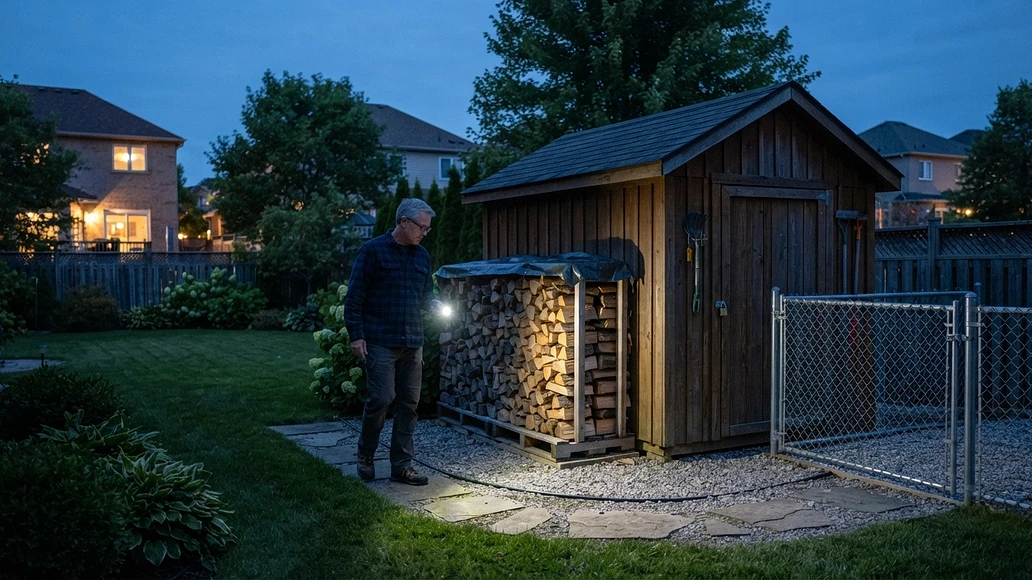Homeowner using a flashlight in a tidy backyard to reduce snake encounter risk