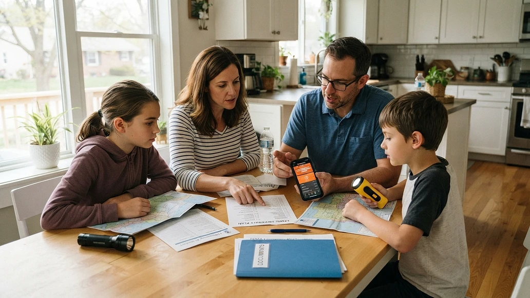 Family reviewing a home emergency plan at the kitchen table