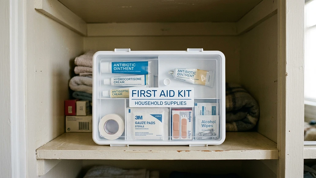 Antibiotic ointment stored in a clean first aid box on a dry indoor shelf