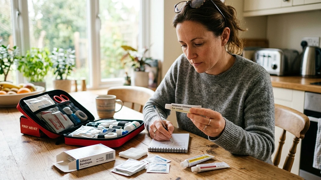 Checking expiration dates in a home first aid kit
