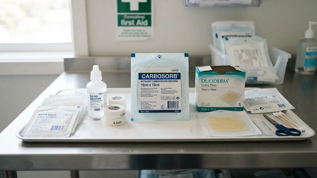 Prepared first aid supplies with a sealed charcoal dressing beside standard wound care items
