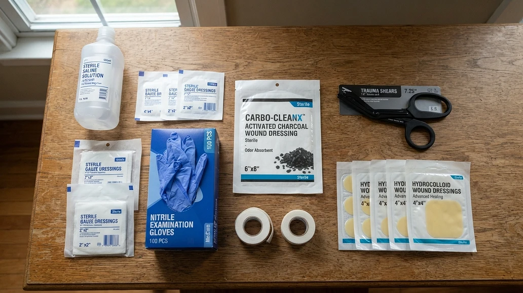 Preparedness wound care kit with standard supplies and a medical charcoal dressing