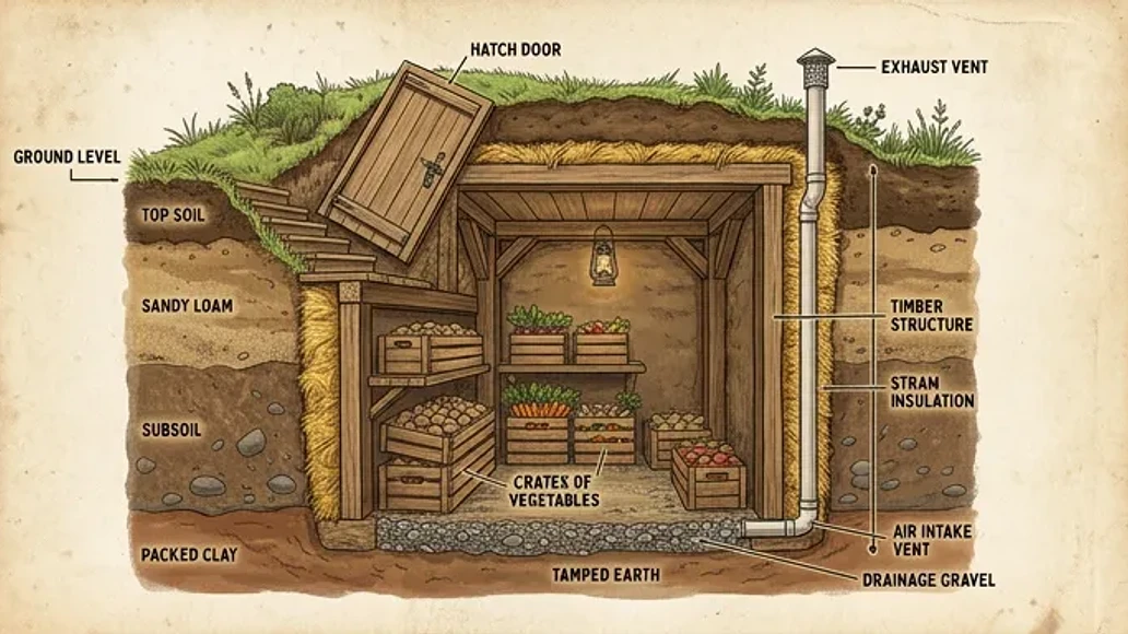Cross-section of an underground food storage setup with ventilation and crates