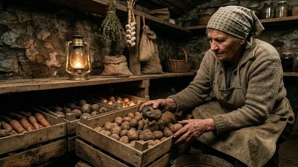 Inspecting root vegetables in storage and removing a spoiled item