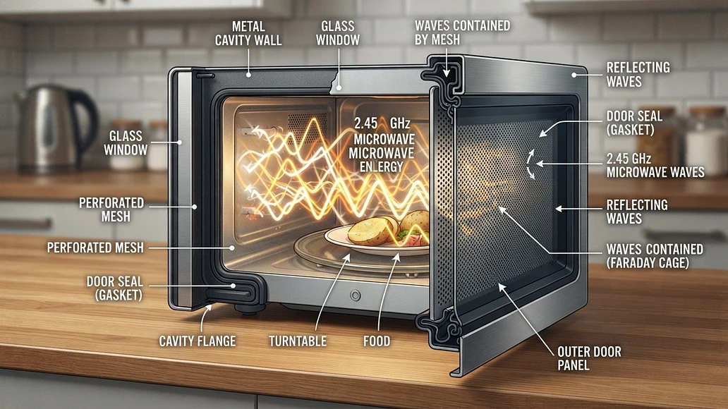 Cutaway view of a microwave oven showing the metal cavity and door mesh that contain microwave energy