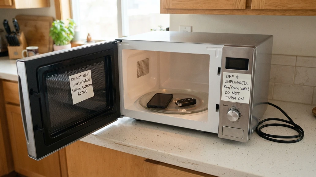 An unplugged microwave with a phone and key fob inside as a temporary signal-blocking demonstration