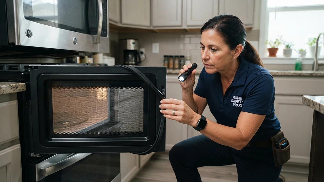 Inspecting a microwave oven door seal, hinges, and mesh for damage or wear
