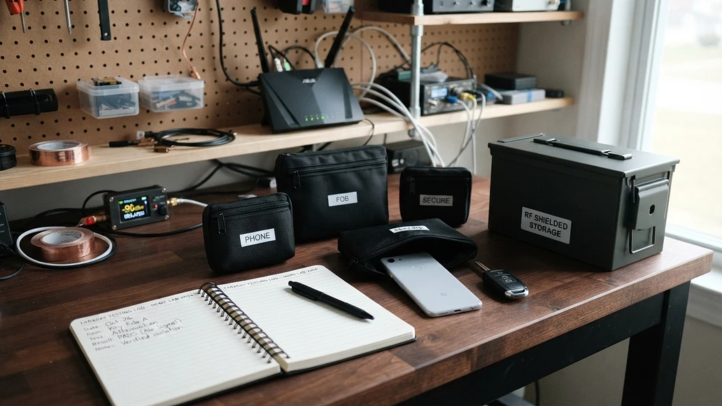 Faraday bags and metal box arranged for home signal-blocking tests