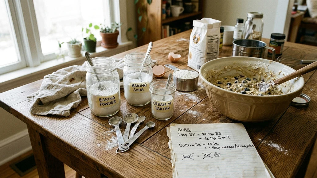 Pantry leaveners and measuring tools arranged for baking substitutions