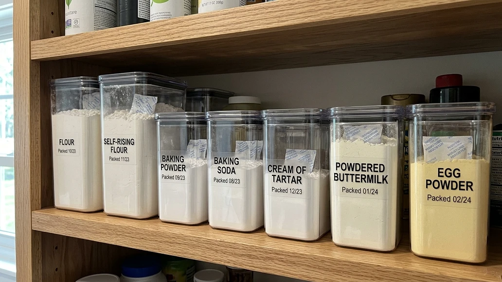 Prepared pantry shelf with baking staples and labeled leaveners