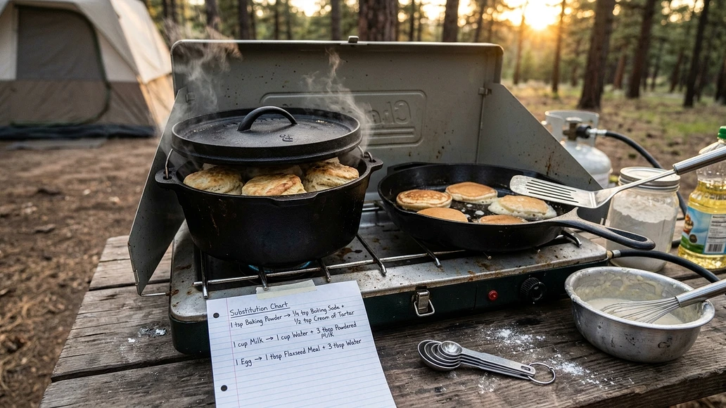 Off-grid baking setup with cast iron cookware and substitution notes