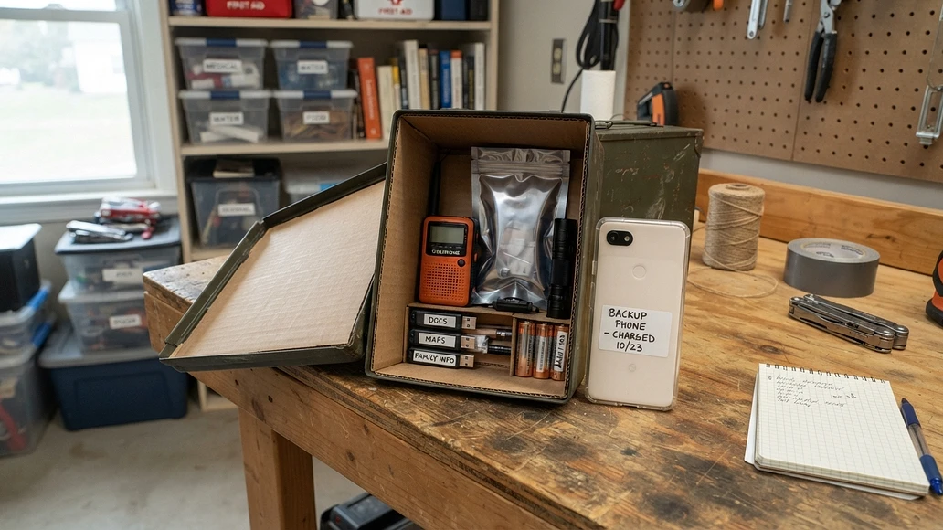 Preparedness workbench with Faraday storage options for small electronics