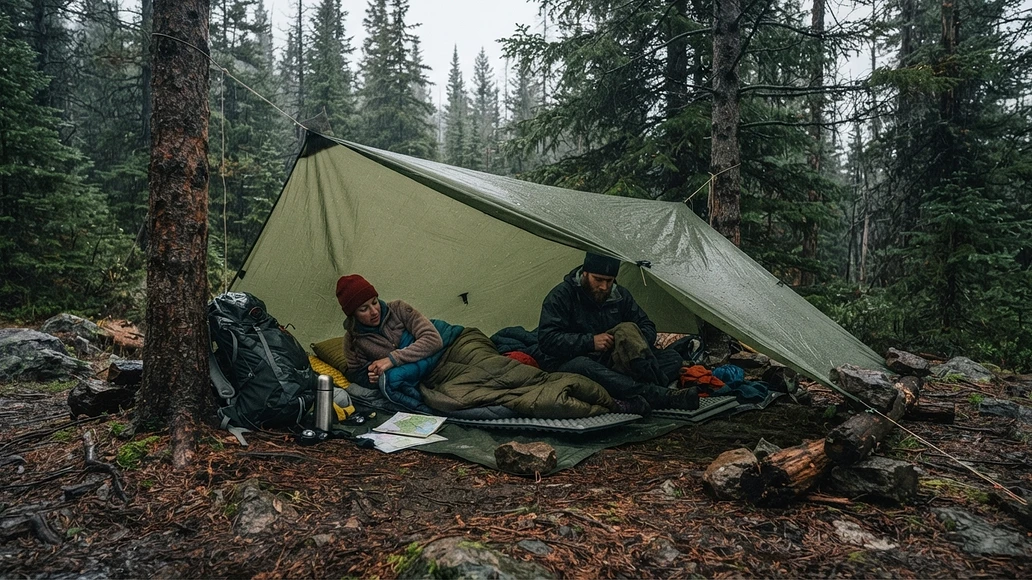Hikers creating a simple emergency shelter with a tarp and insulation in a forest