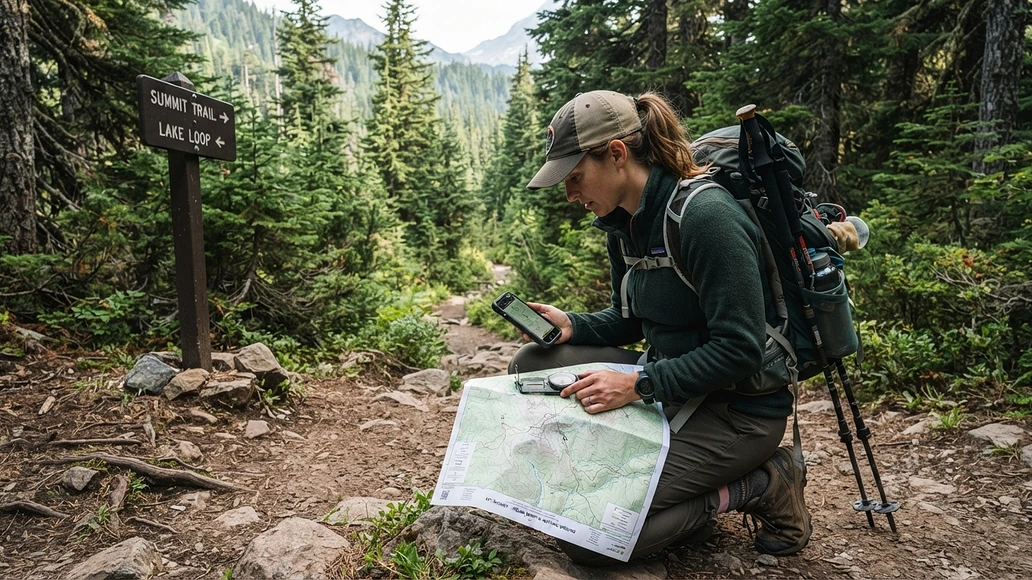 Hiker using a paper map, compass, and phone for backcountry navigation