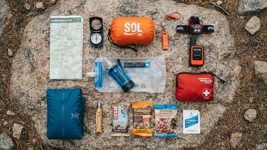 Lightweight wilderness emergency kit laid out with navigation, shelter, water, and signaling gear