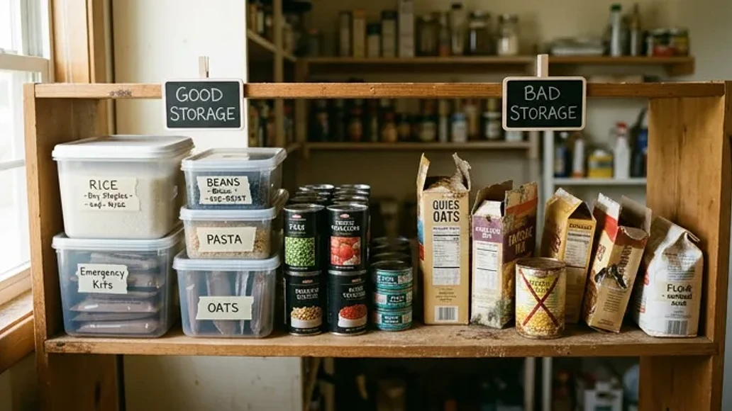 Emergency pantry showing safer sealed staples and problem items like damaged packaging