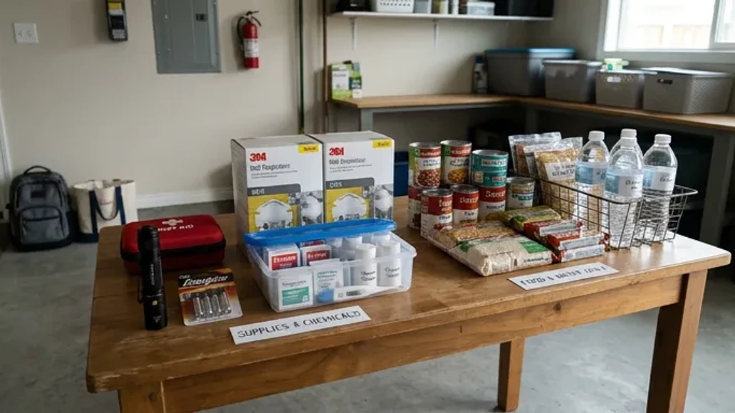 Organized emergency supplies with PPE, medications, and safe separation from food