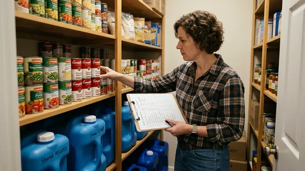 Homeowner checking expiration dates and inventory in an organized emergency pantry